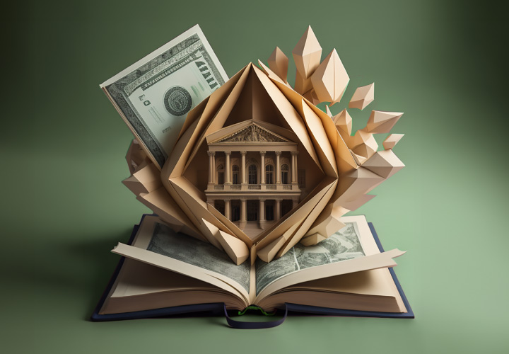 An open book with a model of a building on top of it and banknotes Um livro aberto com um modelo de um edifício em cima e notas (dinheiro)